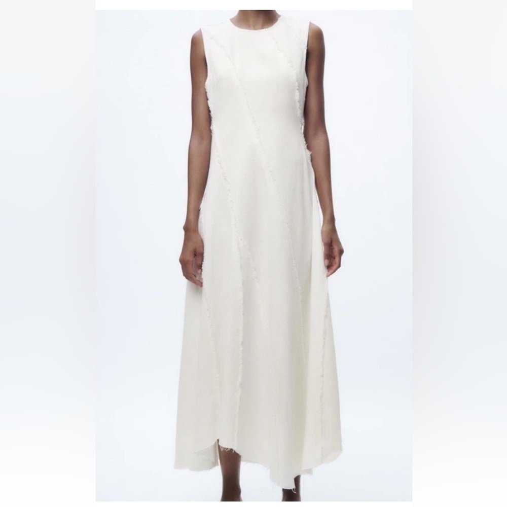Zara Asymmetric Frayed Denim Maxi Dress Sleeveless Womens